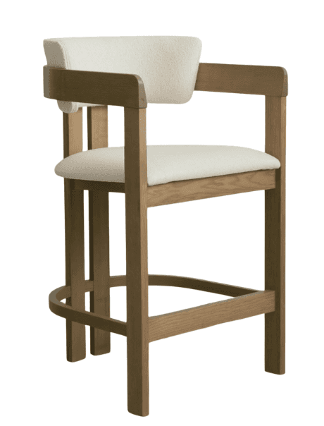 A contemporary bar stool featuring a sturdy light-toned wooden frame, an upholstered backrest and se… — free SKP 3D model