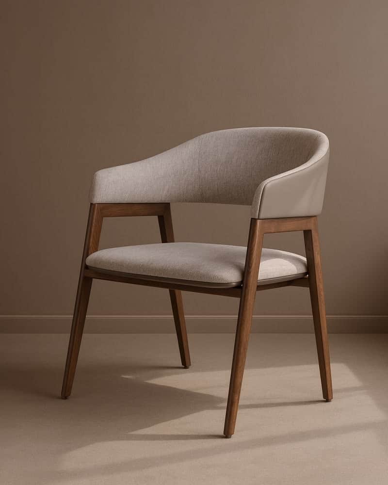 A modern upholstered armchair featuring a solid dark wood frame, a curved backrest with two-tone uph… — free GLB 3D model
