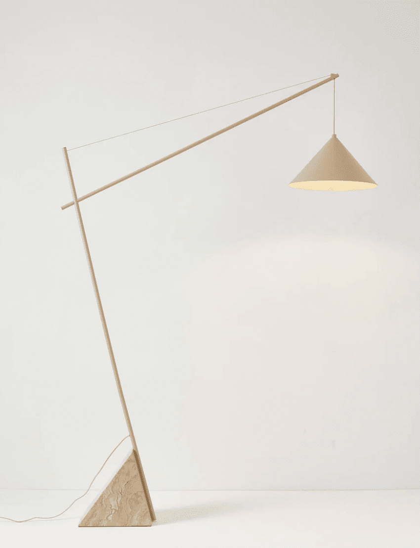 A modern floor lamp with a distinctive, minimalist design. It features a tall, slender stem that ext… — 3D model