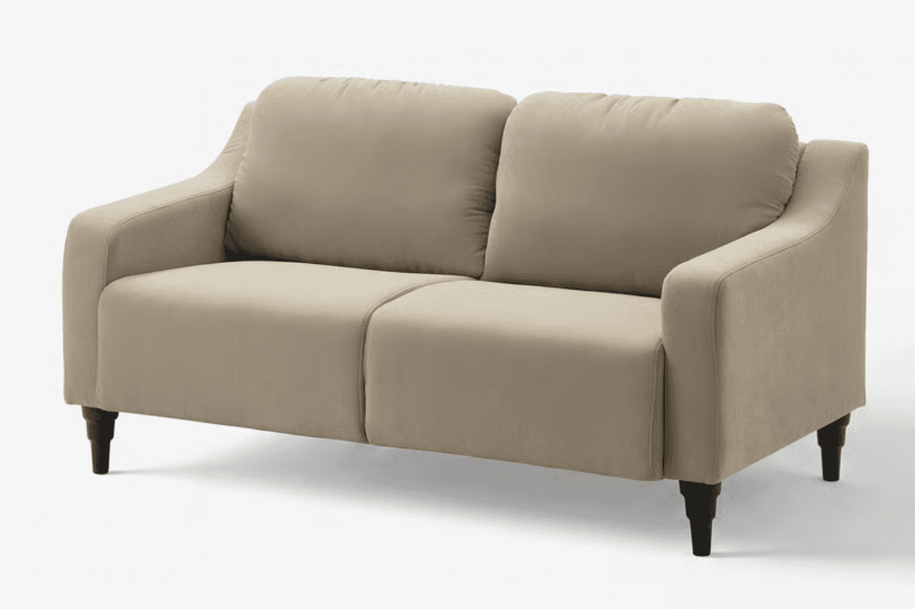 A contemporary two-seater loveseat upholstered in a beige fabric, featuring clean lines, gently curv… — 3D model