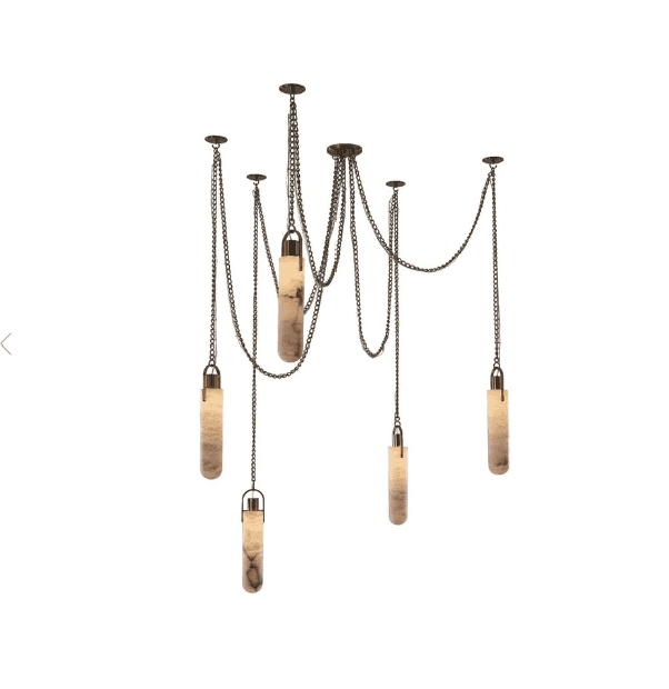 A sophisticated multi-pendant chandelier featuring five cylindrical alabaster shades suspended at va… — 3D model