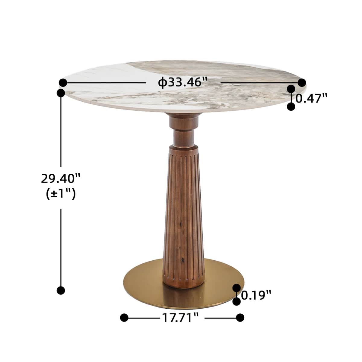 A round accent table featuring a white and grey veined marble tabletop, a fluted wooden pedestal bas… — 3D model