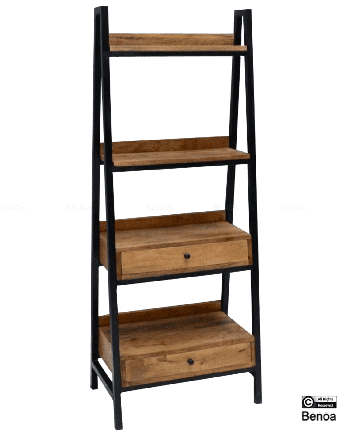 A tall, narrow, industrial-style shelving unit featuring a black metal A-frame structure and four ti… — 3D model