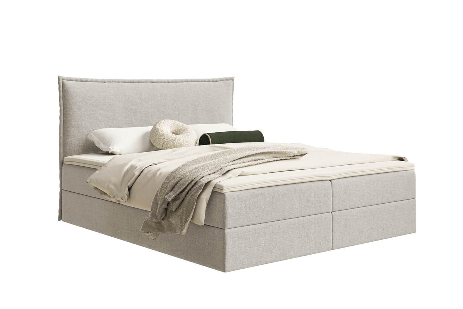 A light grey upholstered platform bed featuring an integrated rectangular headboard and a two-part b… — 3D model