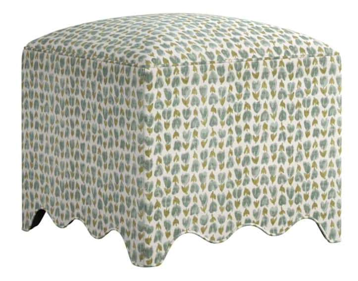 A square-shaped upholstered ottoman with a scalloped base and a repeating floral pattern. The top su… — 3D model