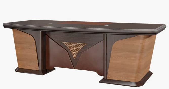 A large, contemporary executive desk featuring a dark brown top with rounded edges and a lighter woo… — 3D model
