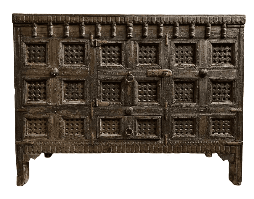 An antique, heavily carved wooden storage cabinet featuring multiple paneled doors with intricate pe… — 3D model