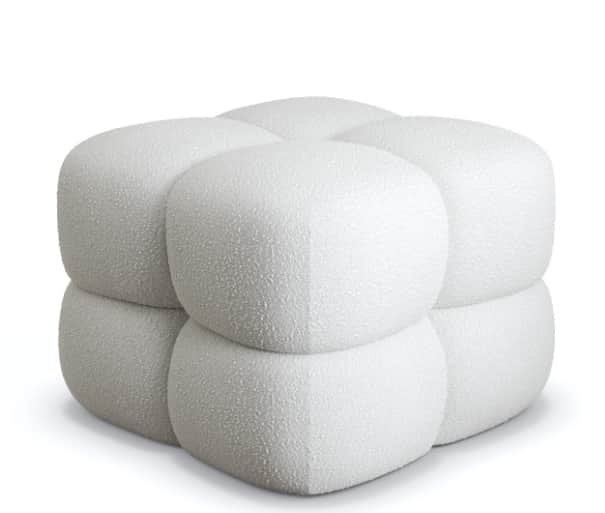 A soft, modular ottoman upholstered in textured boucle fabric, forming a cubic shape from several ro… — 3D model