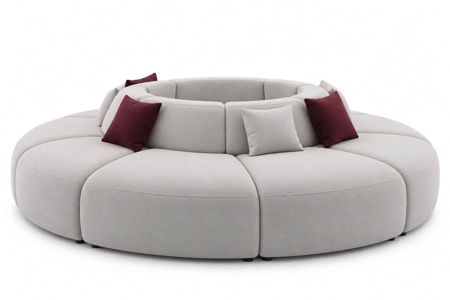 A large, contemporary modular circular sofa upholstered in light grey fabric, featuring individual c… — free SKP 3D model