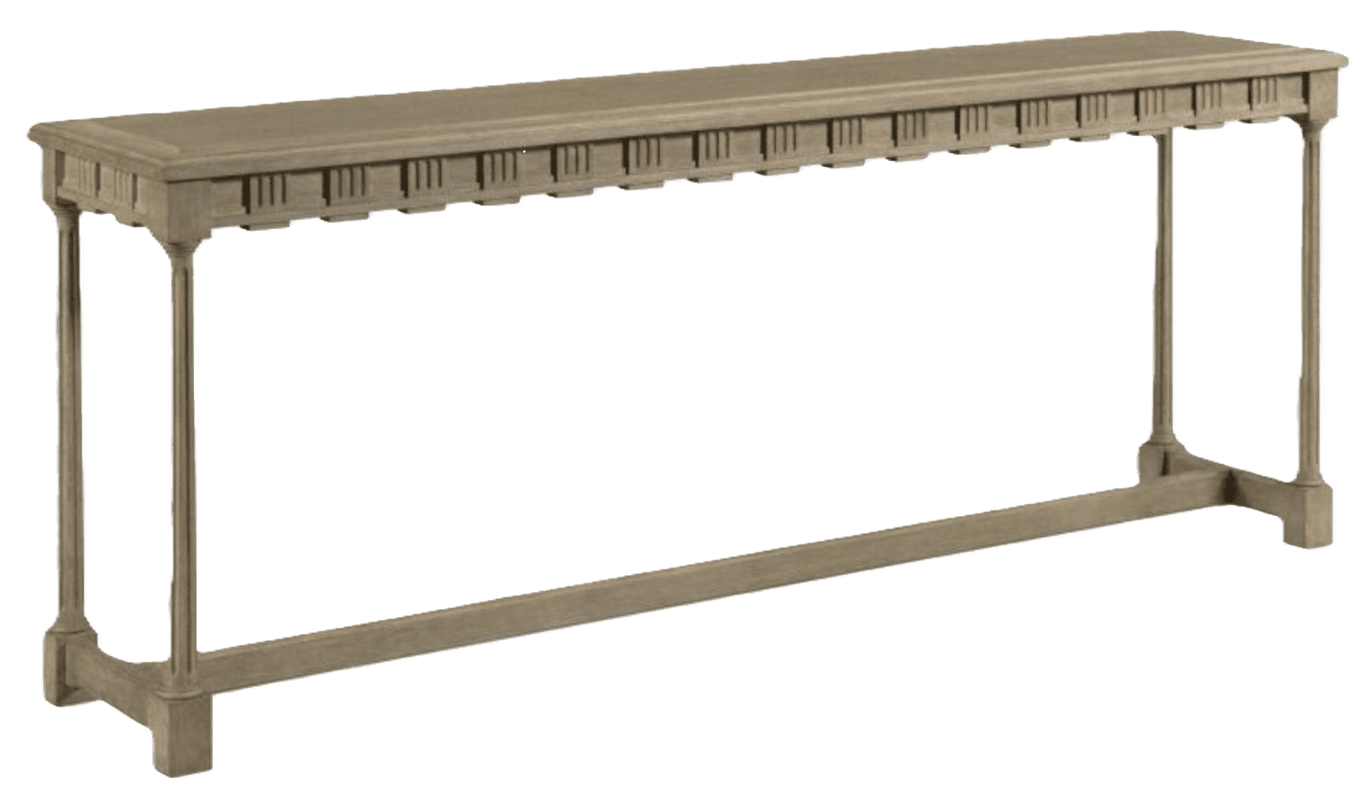 A long, rectangular console table featuring a distressed, light-toned wood finish and neoclassical d… — 3D model