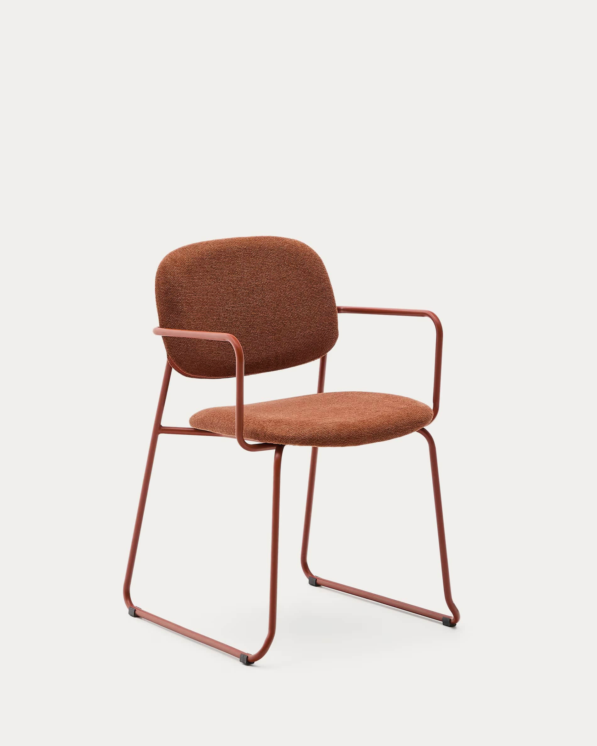 A contemporary armchair featuring an upholstered seat and backrest in a textured brown fabric, suppo… — free BLEND 3D model