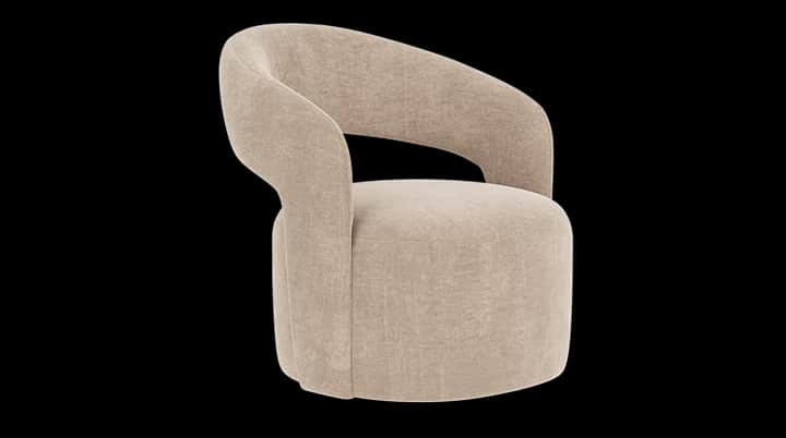A contemporary armchair with a curved backrest and integrated armrests. The base is cylindrical and… — 3D model