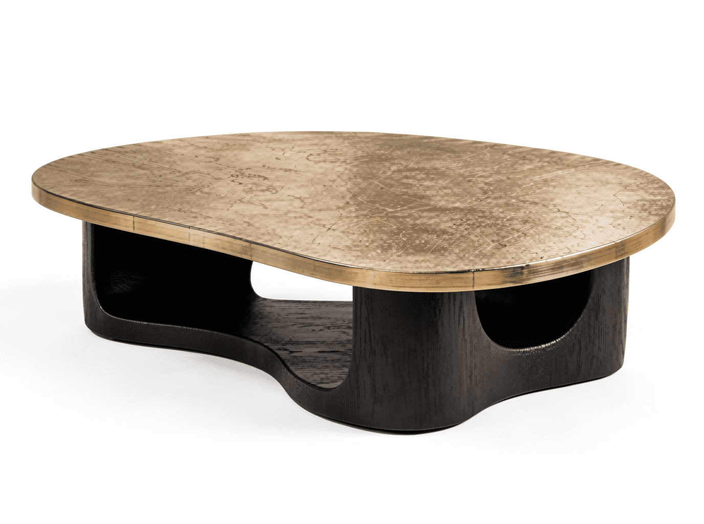 A contemporary coffee table featuring an irregularly shaped patinated brass or bronze top and a scul… — 3D model
