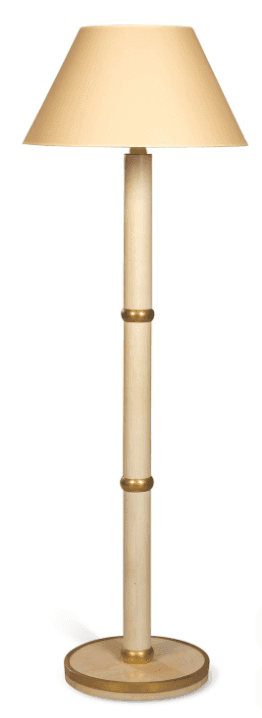 A classic style floor lamp featuring a cream-colored conical shade, a cylindrical wooden stem with g… — 3D model