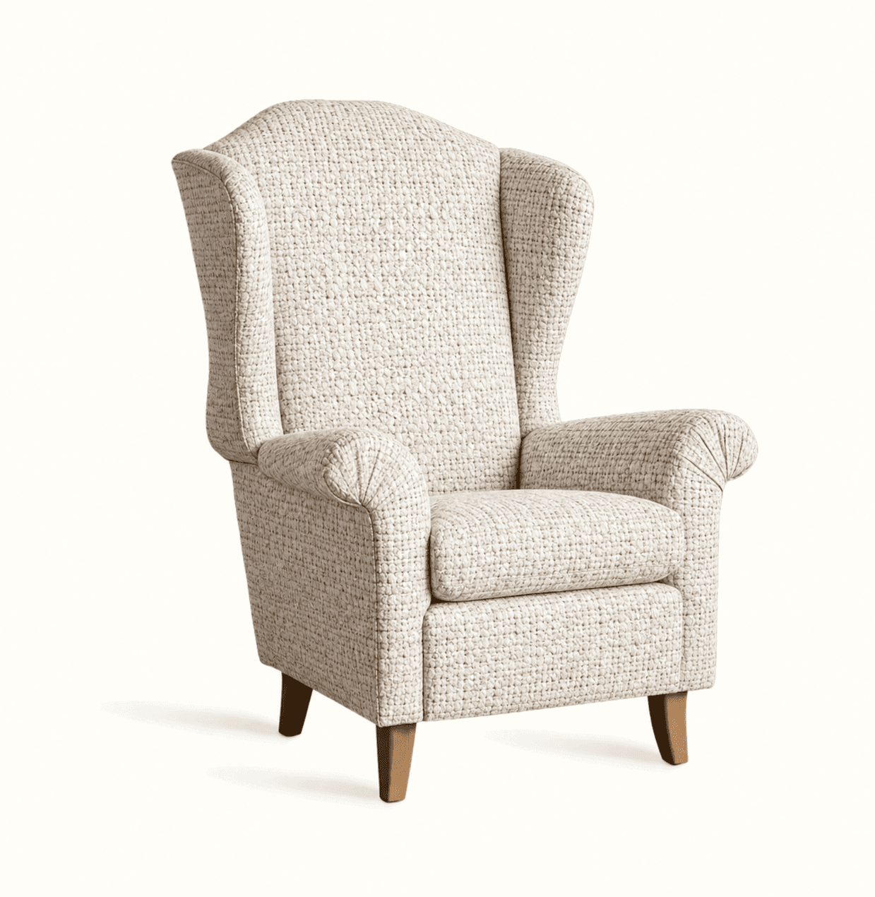 A traditional wingback armchair upholstered in a textured cream and beige fabric, featuring a high b… — 3D model