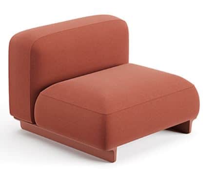 A modern, modular armchair with a low profile and rounded edges. The piece features a distinct base… — 3D model
