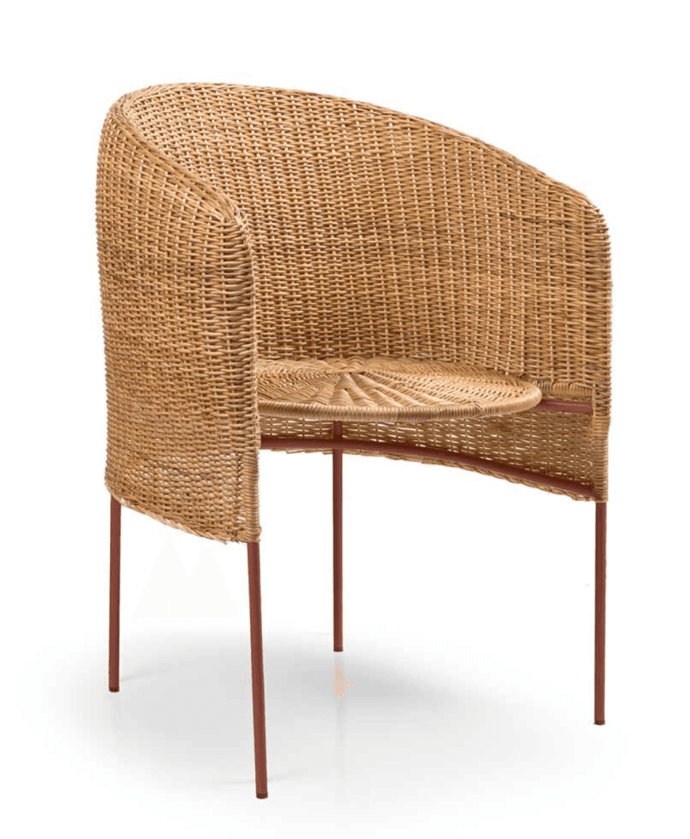 A contemporary barrel-shaped armchair featuring a natural woven rattan body and a minimalist metal l… — free OBJ 3D model
