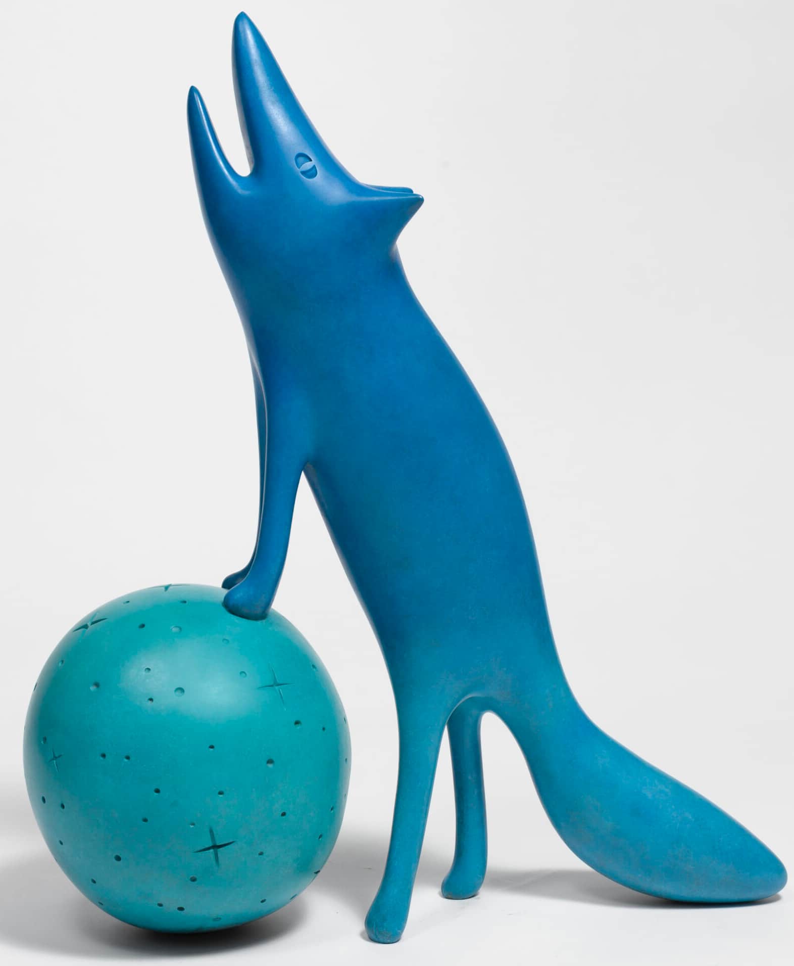 An abstract, stylized ceramic sculpture depicting a fox-like creature in a matte blue finish, with i… — 3D model