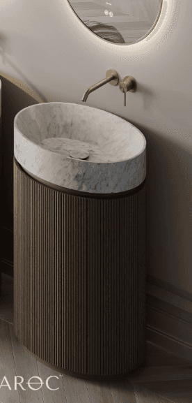 A freestanding vanity with a carved marble basin and a fluted wooden cabinet. The basin is oval-shap… — 3D model