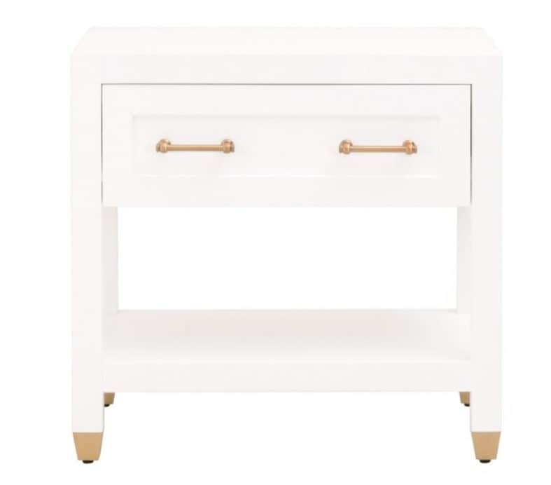 A white nightstand with two drawers and an open shelf below. The drawers have brass-colored handles… — 3D model