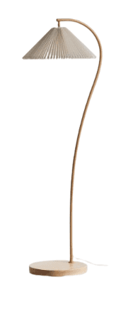 A modern floor lamp with a slender, curved stem and a conical, pleated lampshade. The base is a flat… — 3D model