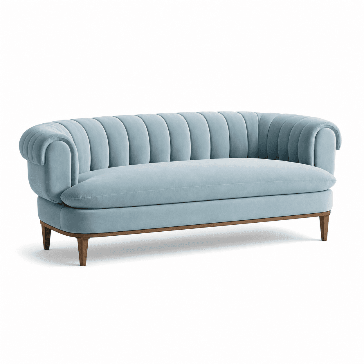 A light blue channel-tufted sofa featuring a curved backrest and rounded, rolled arms. The sofa has… — 3D model
