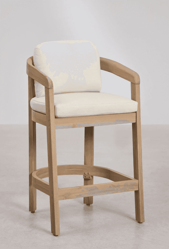 A tall wooden chair, functioning as a bar stool, featuring a light-colored natural wood frame with i… — 3D model