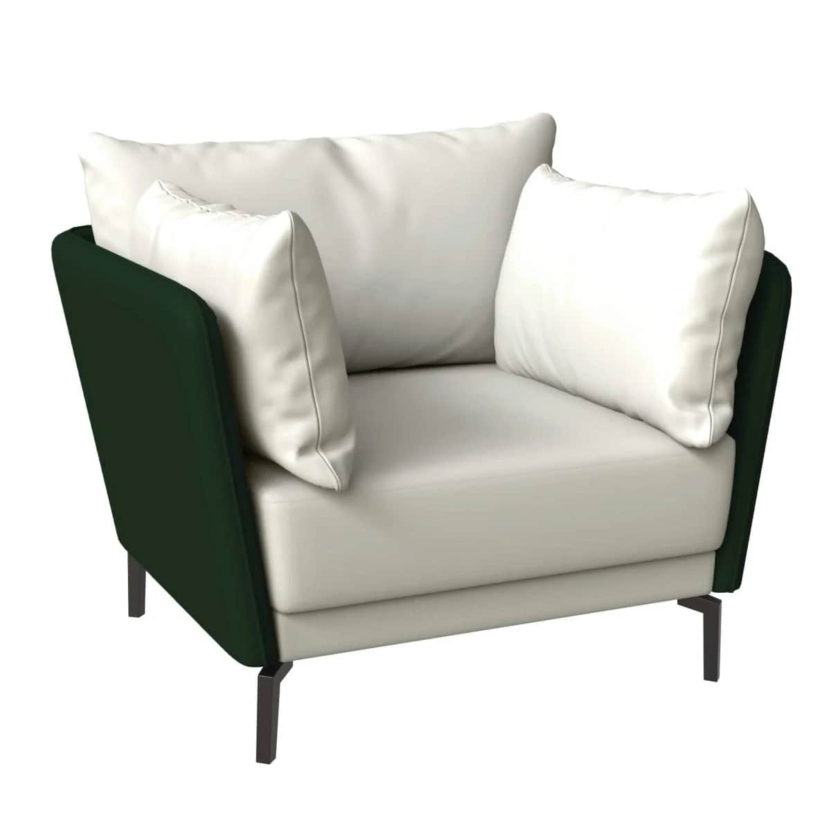 A contemporary upholstered armchair featuring a two-tone design with dark green outer arms and back,… — free OBJ 3D model