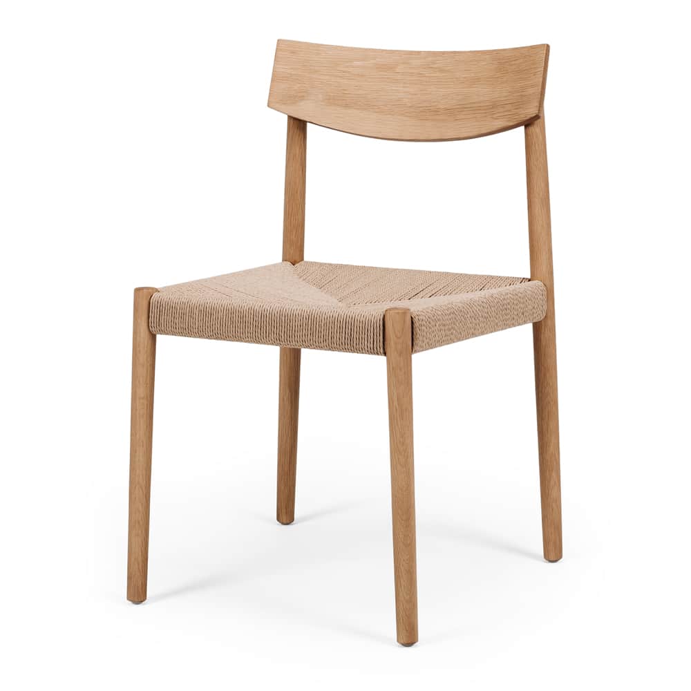 A contemporary dining chair featuring a natural oak wood frame and a hand-woven paper cord seat. The… — 3D model