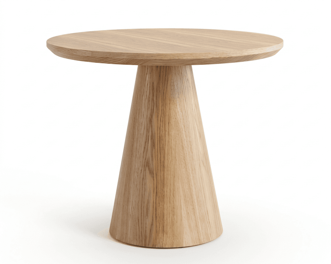 A round-topped side table with a single, conical pedestal base. The table has a natural wood finish,… — 3D model