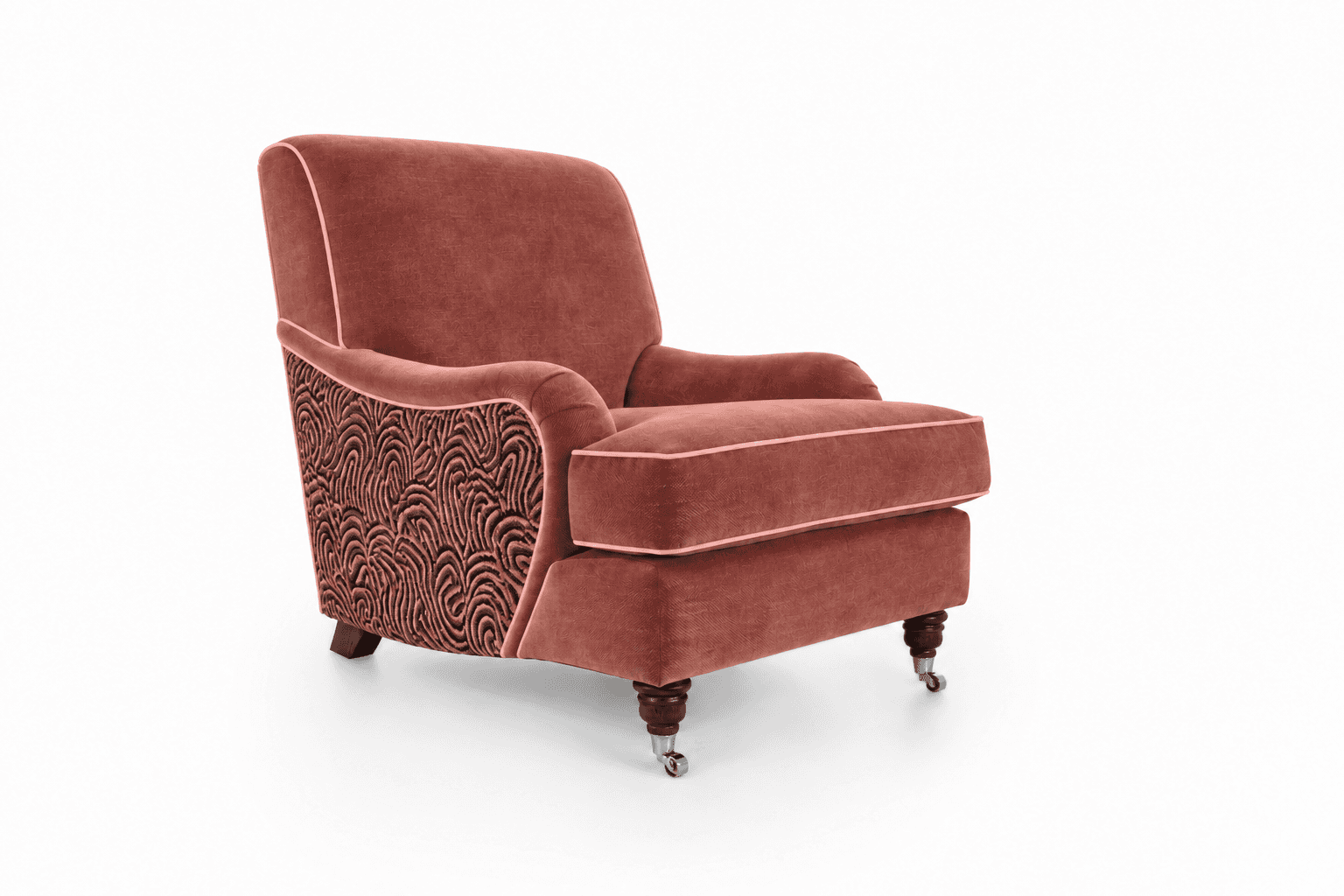 A traditional upholstered armchair featuring a main body in rose-toned velvet fabric, distinguished… — 3D model