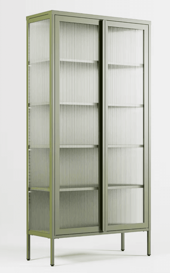 A tall, slender cabinet with a sage green metal frame, featuring three interior shelves. The front i… — 3D model