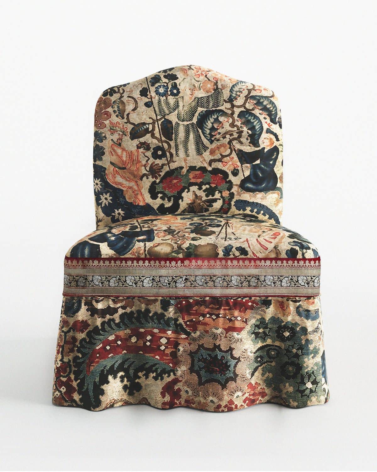 A fully upholstered chair with an elaborate floral and figural tapestry-style fabric, featuring a sk… — free OBJ 3D model
