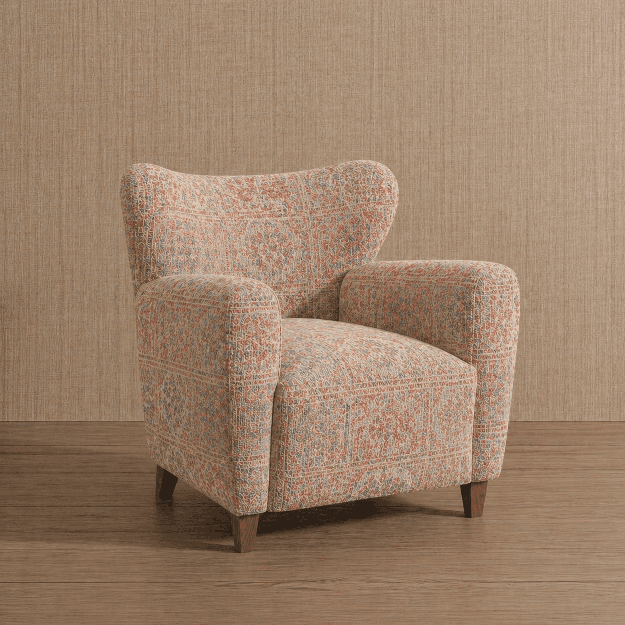 A fabric-upholstered armchair with a high, winged back and rounded armrests. The chair is supported… — 3D model
