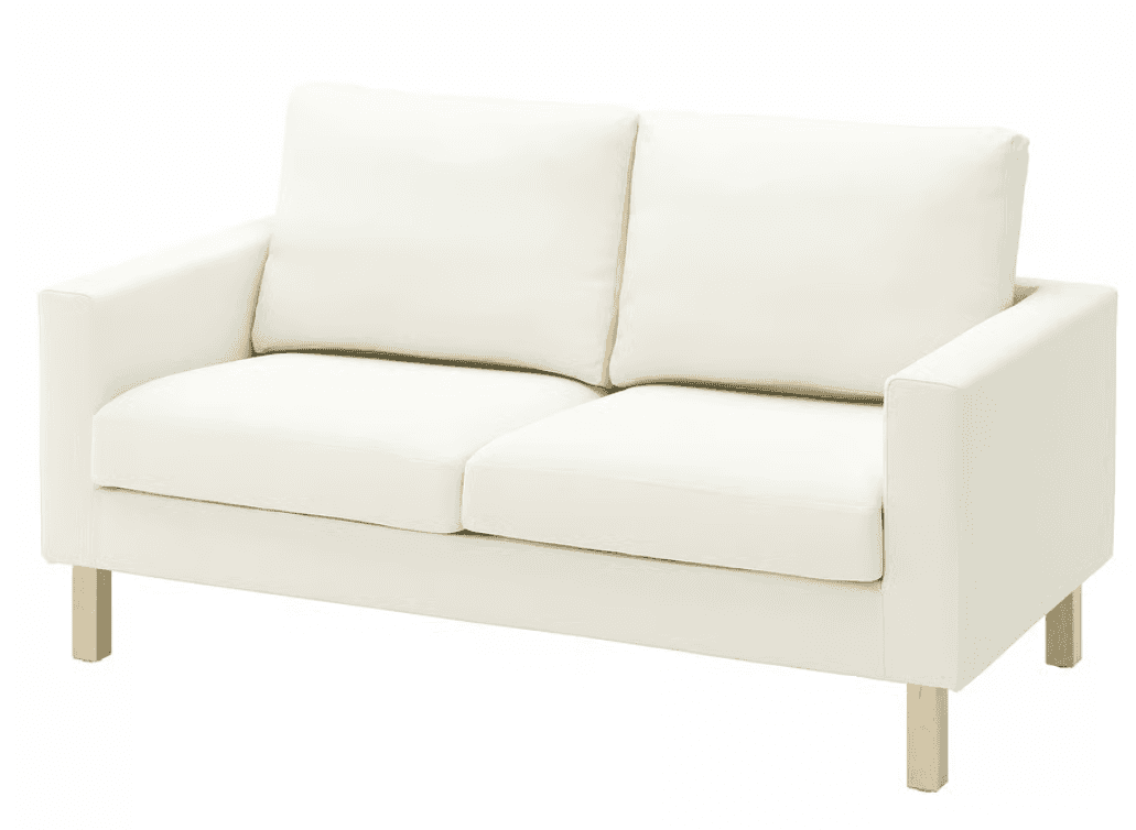A modern, off-white, two-seater sofa with clean lines. It features a padded seat cushion and two bac… — free GLTF 3D model