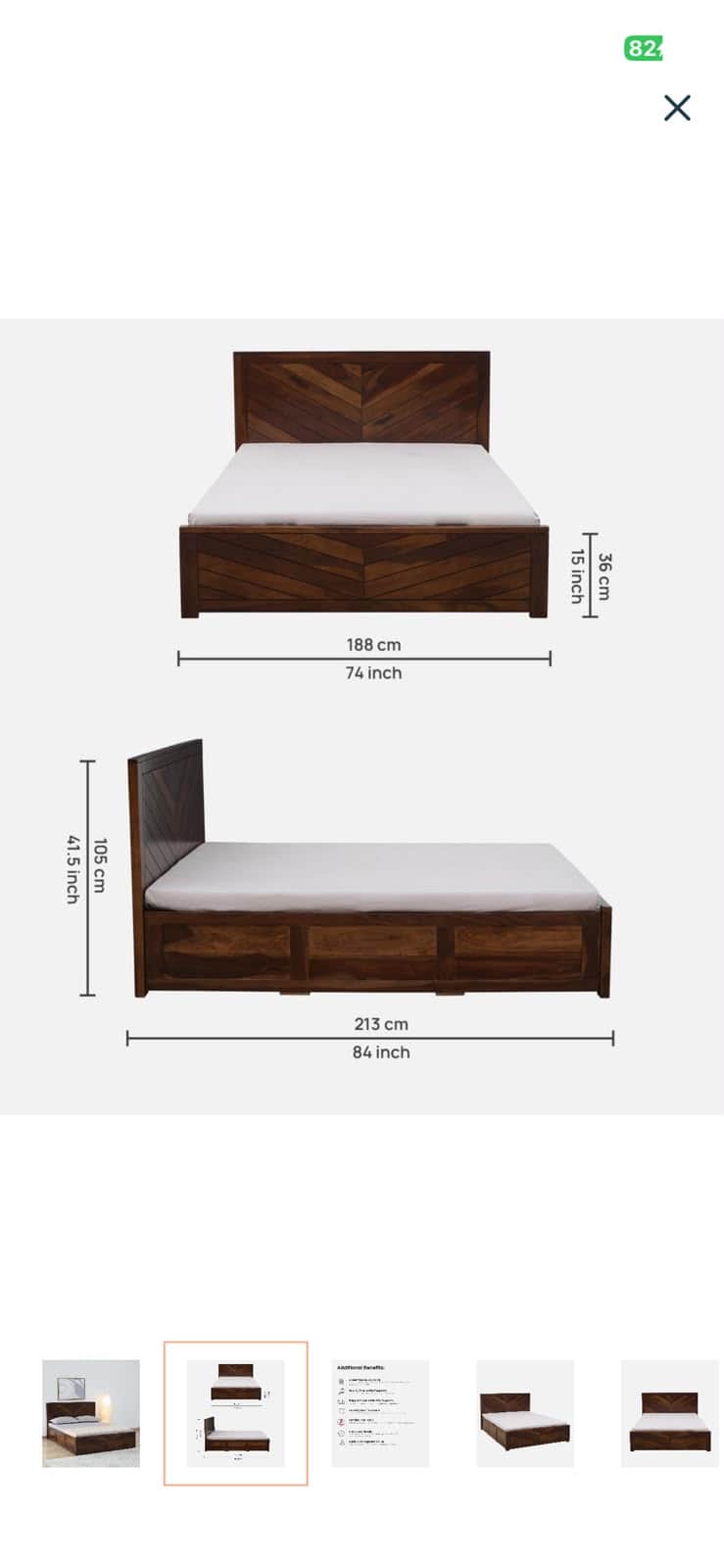 A dark brown wooden platform bed with a distinctive chevron pattern on the headboard and integrated… — 3D model