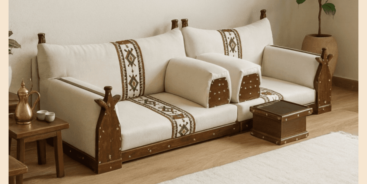 A low-profile, modular sofa with a wooden frame and upholstered cushions. The cushions are cream-col… — free OBJ 3D model