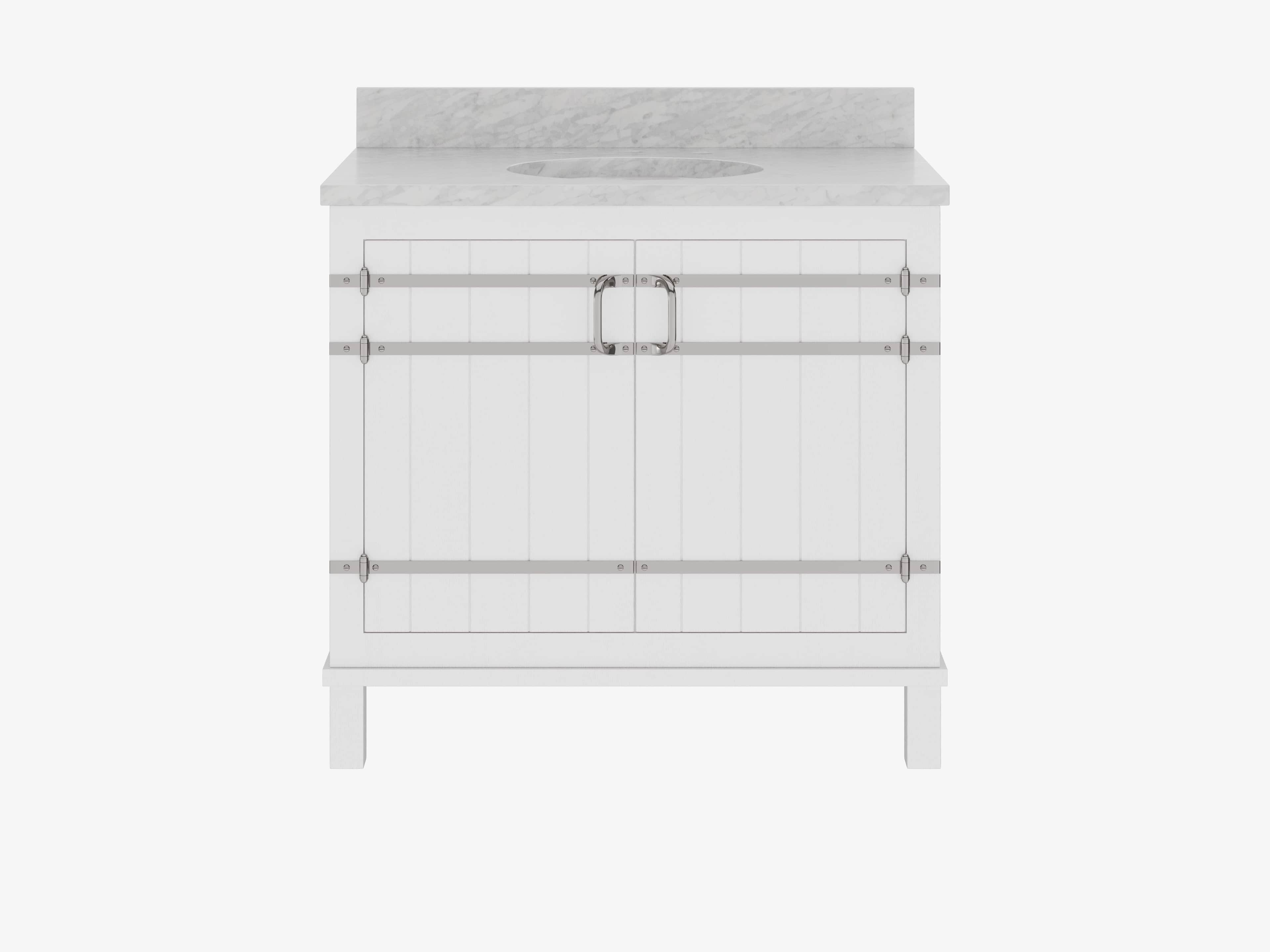 A white bathroom vanity cabinet featuring two Shaker-style doors with vertical paneling, a grey marb… — 3D model