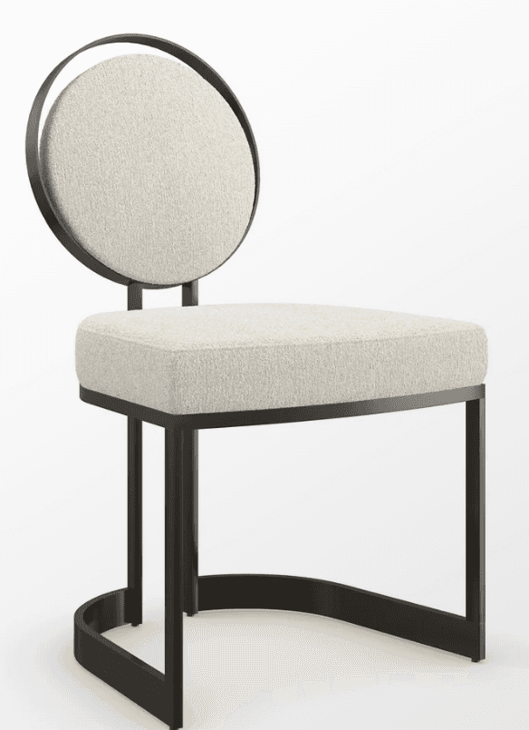 An armless chair featuring a distinctive circular upholstered backrest and a dark metal frame with a… — free GLTF 3D model