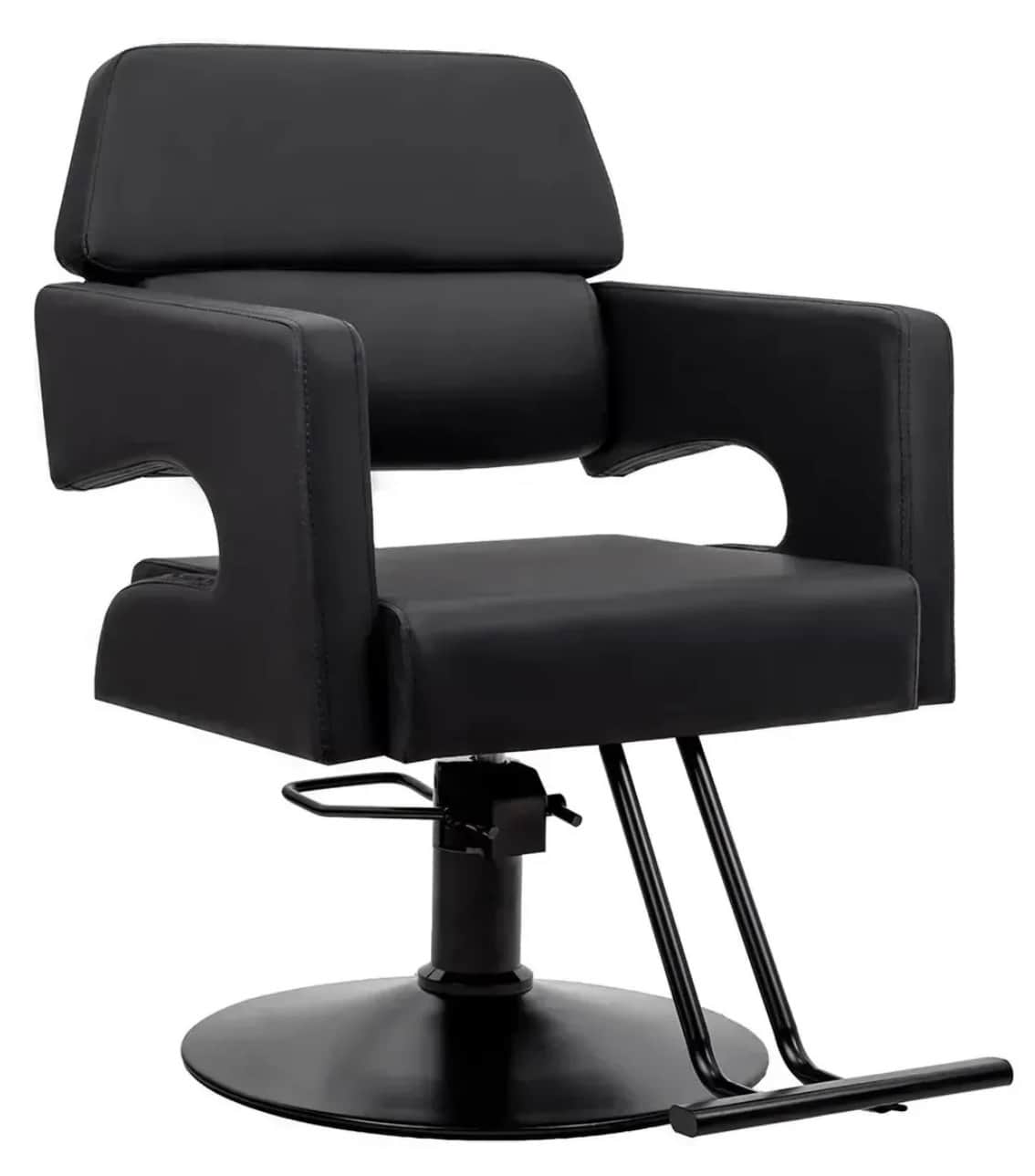 A black hydraulic swivel salon chair featuring faux leather upholstery, a padded backrest, a wide se… — 3D model