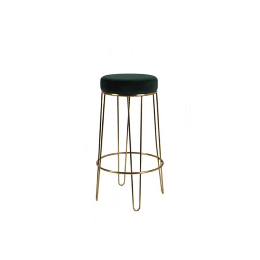 A bar stool with a round, upholstered seat and a slender, open metal frame. The seat is dark green a… — free SKP 3D model