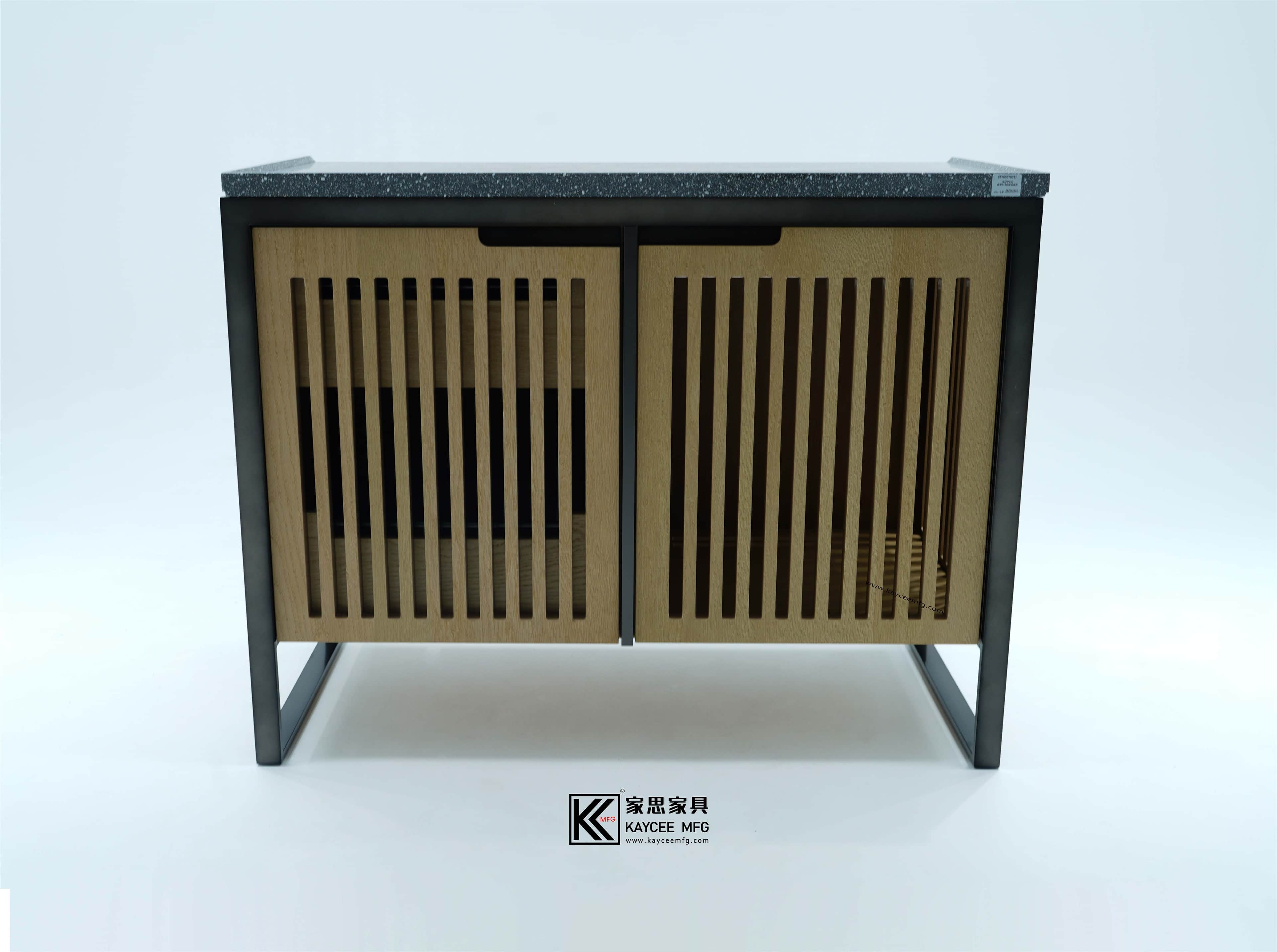 A modern cabinet with a dark, speckled composite countertop, a black metal frame, and two slatted li… — 3D model