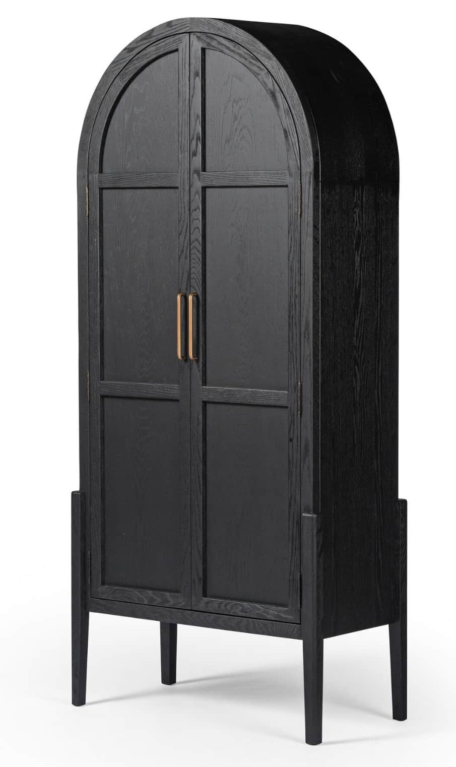 A tall, dark wood cabinet with a distinctive arched top. The front features two doors with a paneled… — 3D model