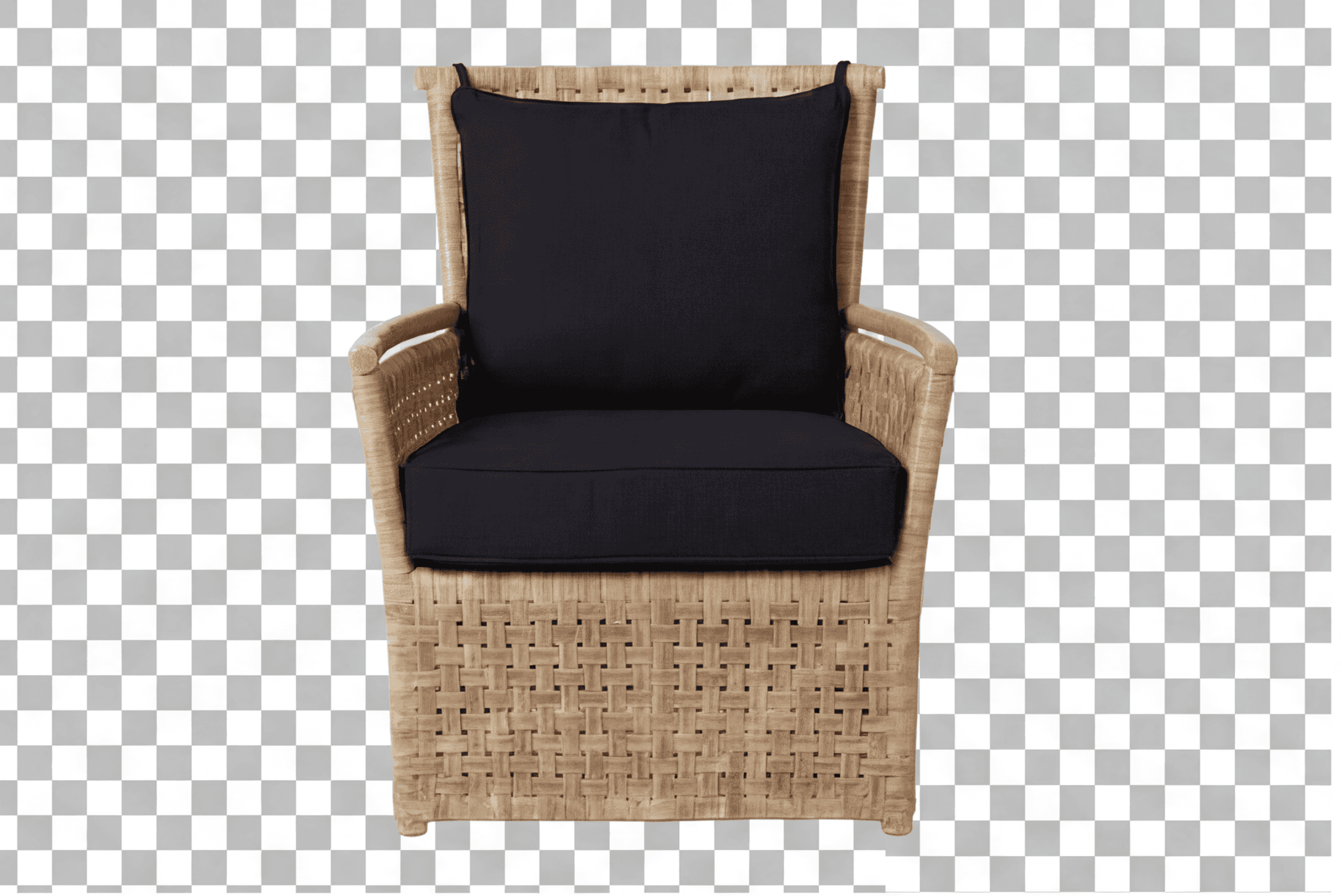 A wicker armchair with a high back and integrated arms. It features thick black cushions for the sea… — 3D model