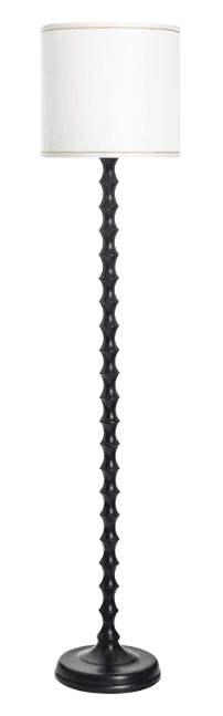 A floor lamp with a dark, segmented, faux bamboo-style stem and a white drum shade with thin gold tr… — 3D model