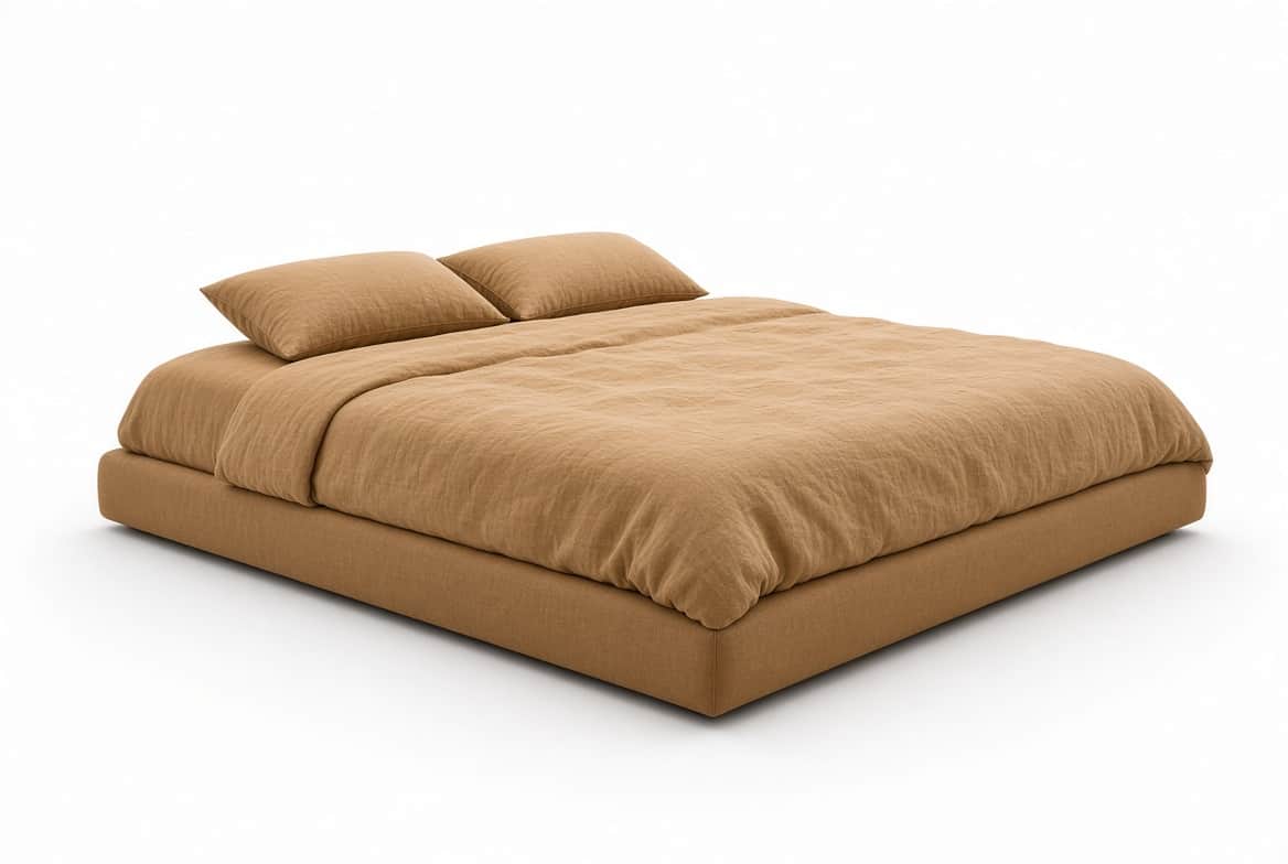 An upholstered platform bed featuring a low-profile base and a mattress dressed in natural linen bed… — 3D model