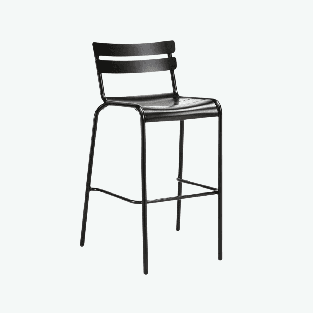 A black metal bar stool featuring a minimalist design. It has a high seat and a backrest composed of… — 3D model