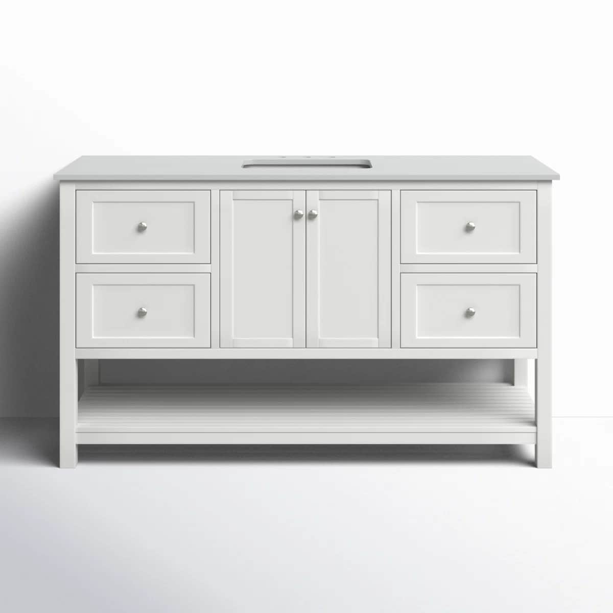 A white bathroom vanity with a flat top featuring a single rectangular cutout for a sink. The unit h… — 3D model