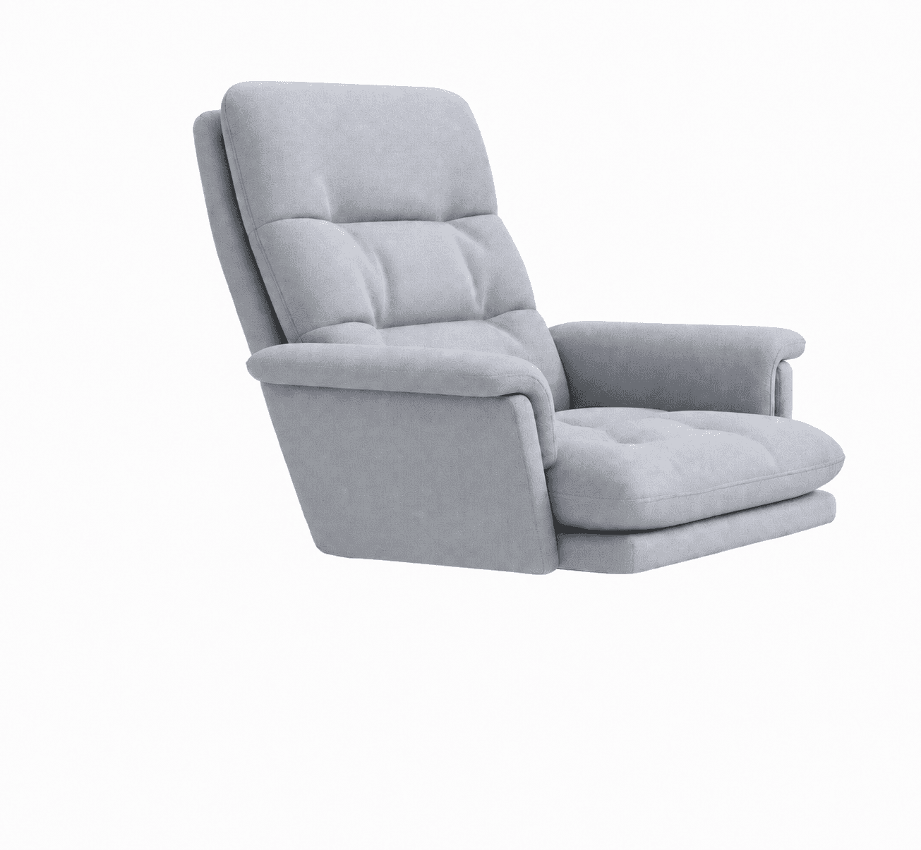 A light gray, upholstered recliner chair featuring a segmented, tufted backrest and a padded seat. T… — 3D model