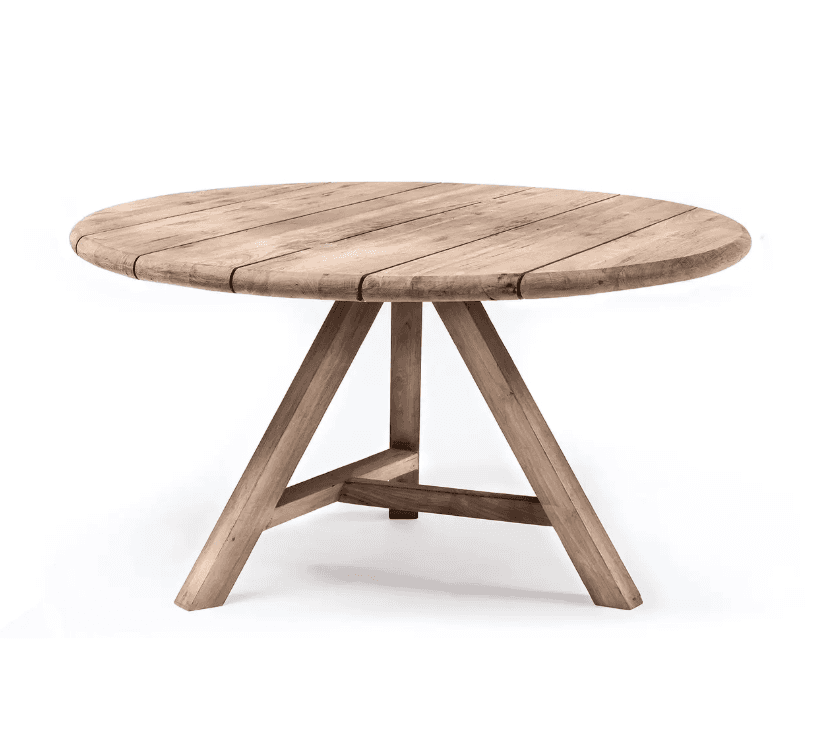 A rustic round dining table crafted from weathered wood, featuring a plank top and a sturdy A-frame… — 3D model